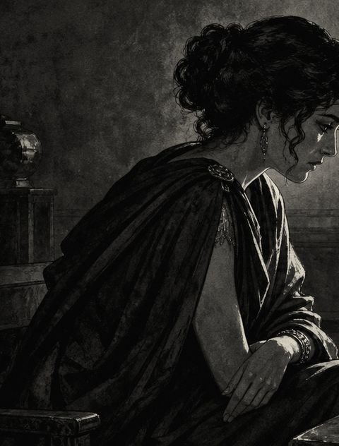 Gravure du tome II, chapitre 10 : Cassia, de profil, drapée dans un manteau sombre.