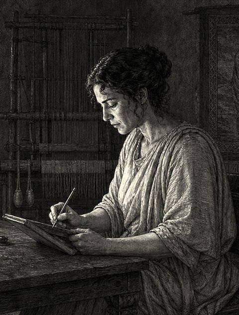 Gravure du tome III, chapitre 5 : Livia écrit à la lumière d’une lampe, devant un métier à tisser.