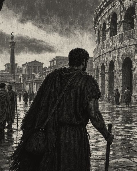 Gravure du tome III, chapitre 6 : Marcus, de dos, cape de laine et bâton, devant l’amphithéâtre de Capoue sous la pluie.